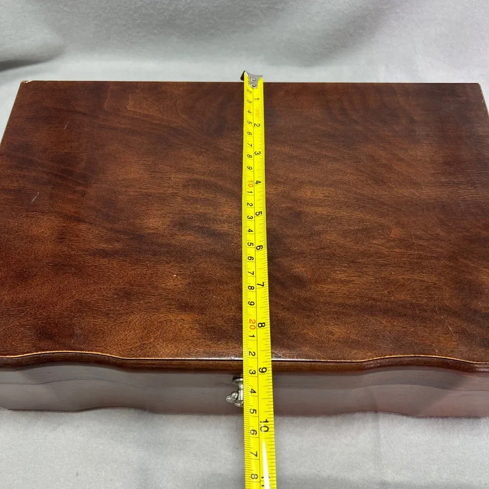 Vintage Wooden Jewelry Box Chest Red Velvet Lining Removable Tray Necklace Hooks
